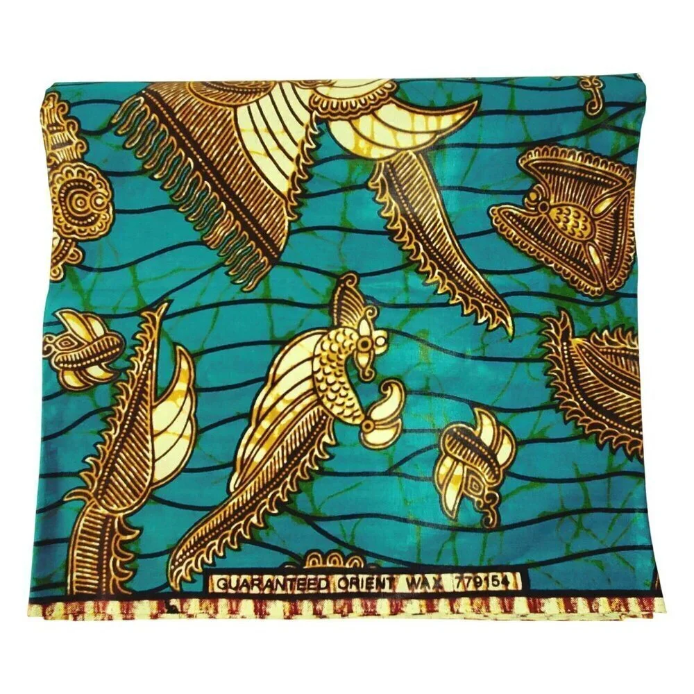 Guaranteed Orient African Wax Print Fabric 36x45 Inches 1 Yd Turquoise & Gold